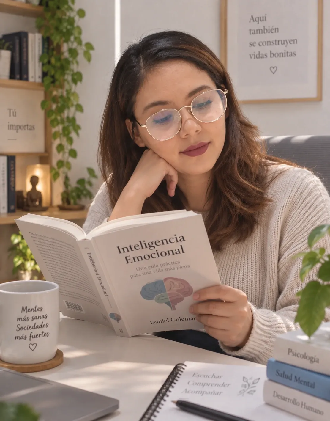 Erika Hernández, psicóloga, leyendo un libro sobre inteligencia emocional