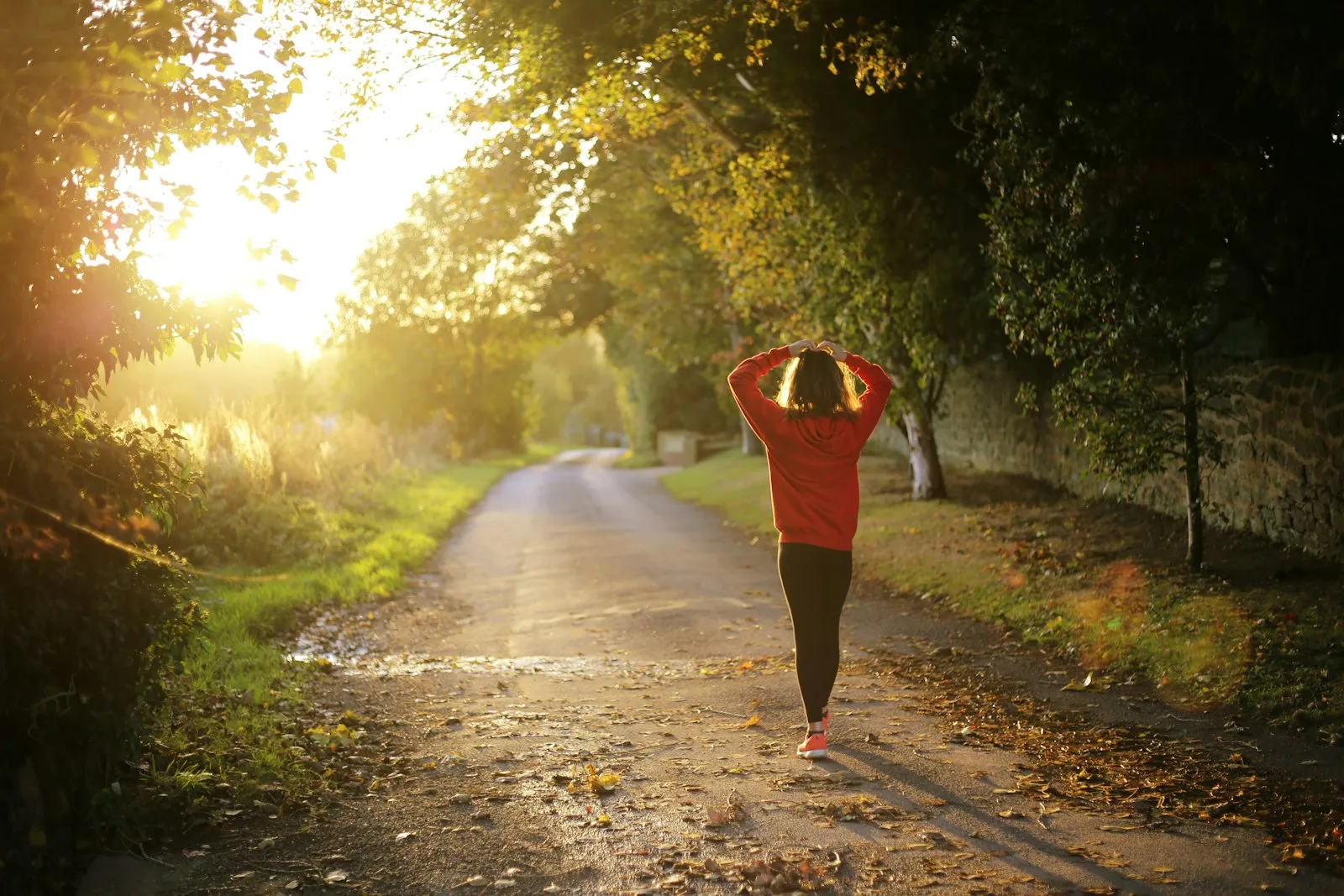 Mujer caminando por un sendero entre árboles